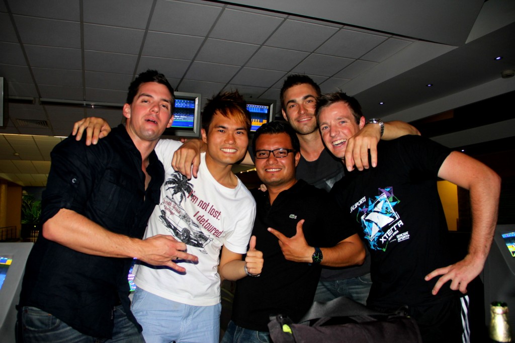 With David (Australian), Carlos (American), Lee (Australian) and CJ (South African) in Belarus Bowling Alley