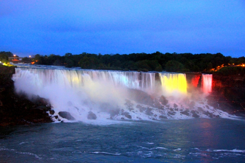 Night view of American and Bridal Veil Falls