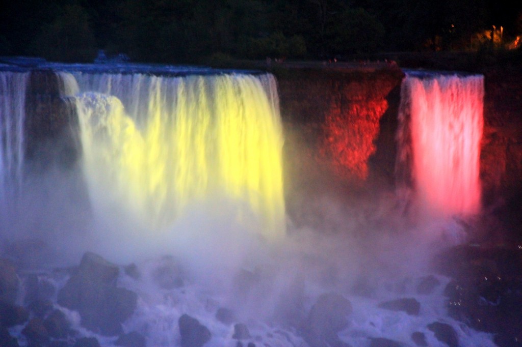 Night view of American and Bridal Veil Falls