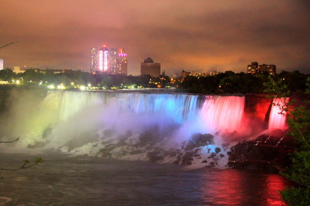 Night view of American and Bridal Veil Falls