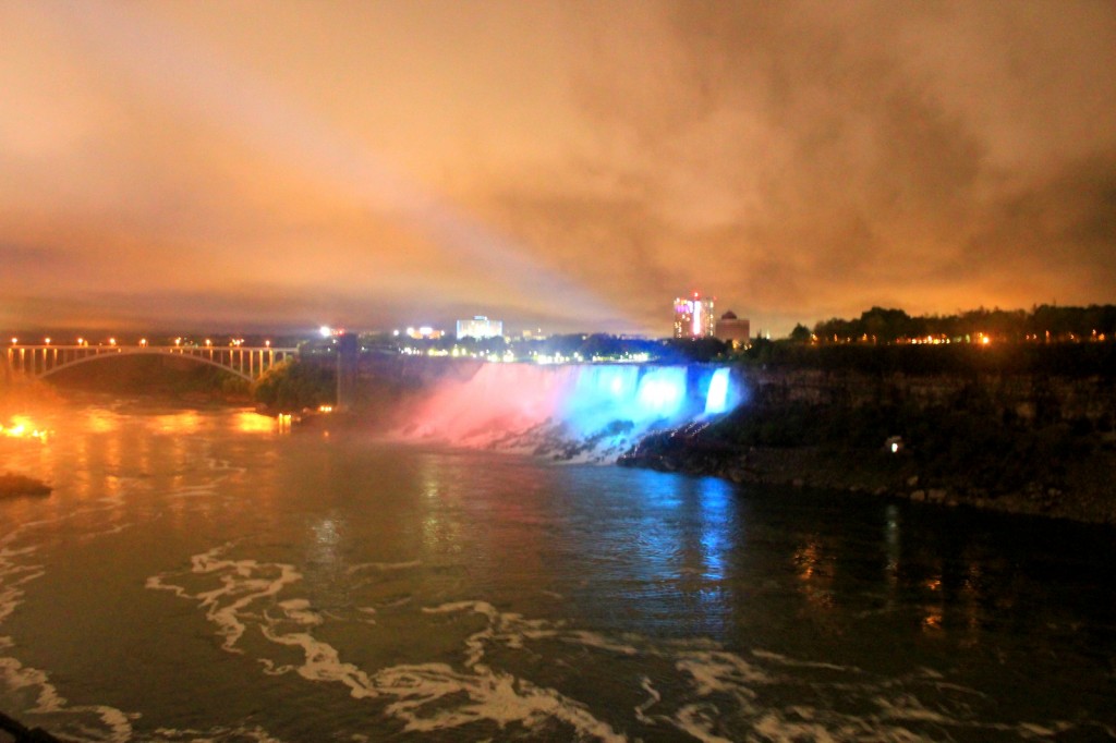 Night view of American and Bridal Veil Falls